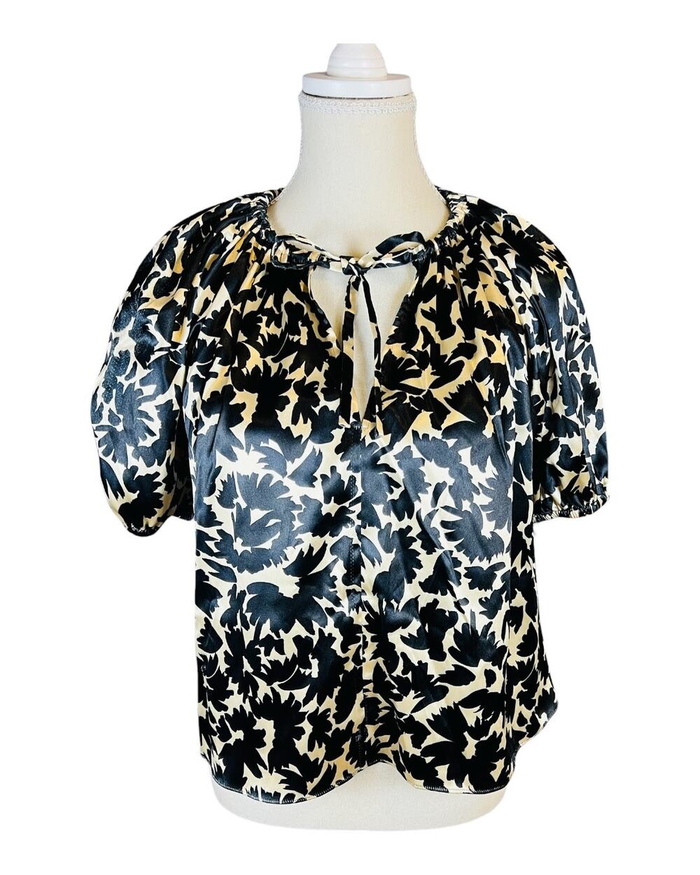 Ulla Johnson Neema Raven Black Cream Floral Satin Puff Sleeve Top Size 0